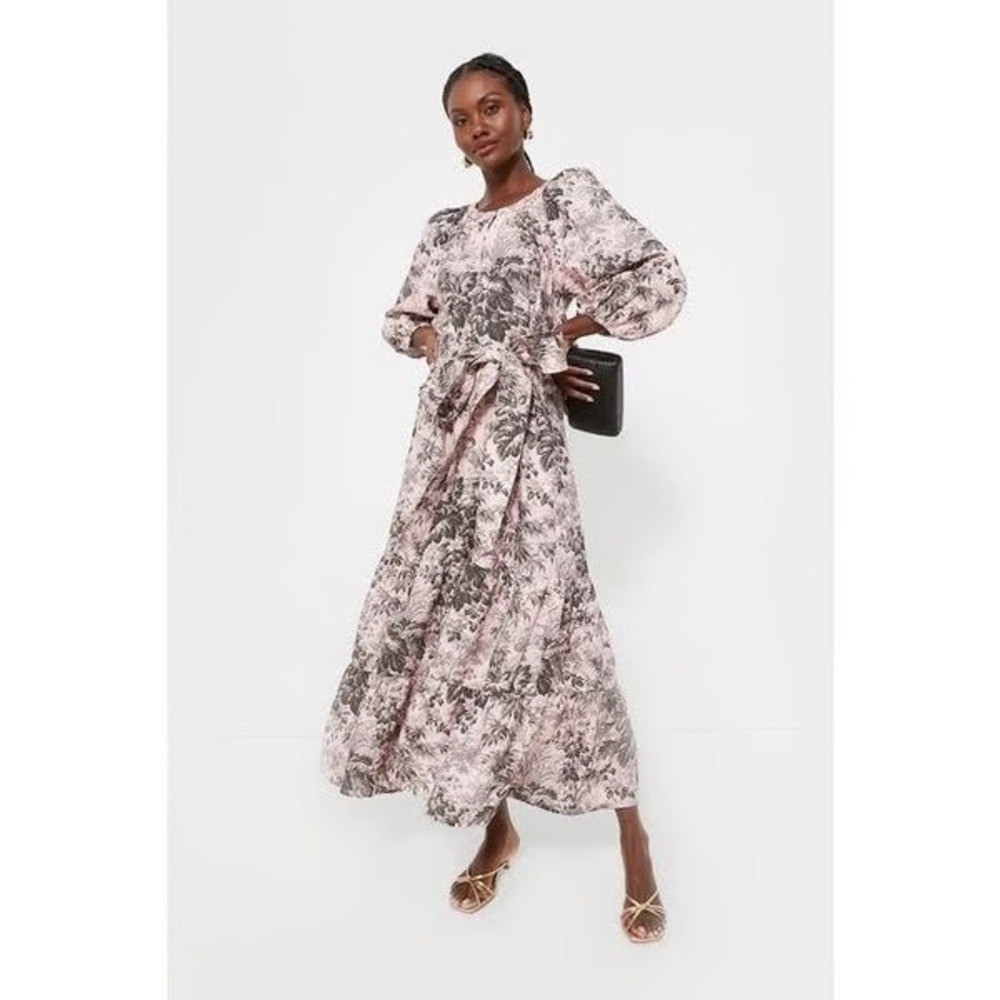 Tuckernuck Pressed Powder Toile Lyles Dress Pink Gray Puff Sleeve Tiered NWT XS